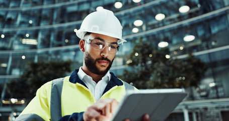 Tablet, civil engineer and man in city for building, development and planning at dawn. Technology, construction and architect outdoor for maintenance, safety inspection and infrastructure project © peopleimages.com