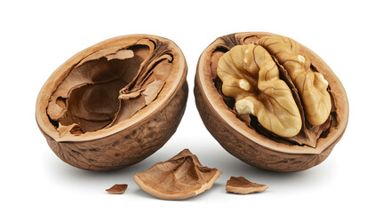 Fototapeta premium Macro shot of a cracked walnut showcasing its kernel and intricate shell details