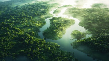 Emerald River Serenity: A breathtaking aerial panorama captures the essence of a vast, verdant rainforest, with a winding river snaking through the dense canopy, enveloped in a mystical fog.