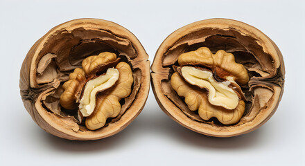 Obraz premium Halved walnut revealing the kernel, a close up showing its texture and detail