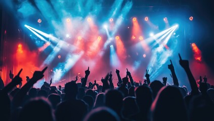 Energetic Crowd Silhouetted Against a Stage with Vibrant Blue and Orange Lights Creates Dynamic Atmosphere