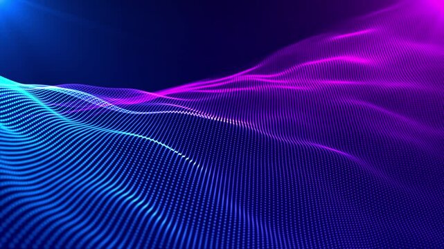 Abstract gradient particle waves seamlessly flowing with soft light and bokeh. Fucsia and blue digital waves. Technology, engineering, science and artificial intelligence background. Sciense backdrop