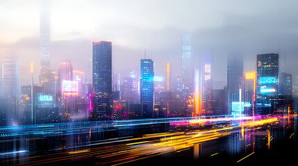 Fototapeta premium Dynamic nighttime cityscape urban environment digital art futuristic vibe wide-angle view technology concept