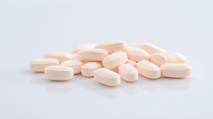 A pile of oval-shaped, light-colored tablets on a clean, reflective surface, suggesting medication or dietary supplements.