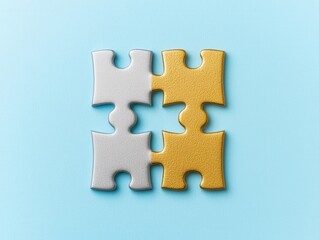 Obraz premium Four Puzzle Pieces in Grey and Gold on a Soft Blue Background