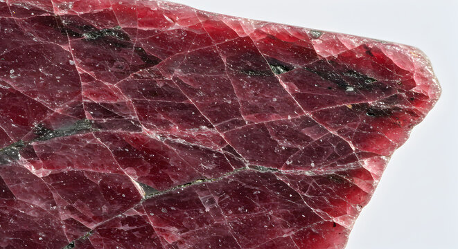 Intricate patterns of fractured ruby zoisite mineral specimen against a bright backdrop