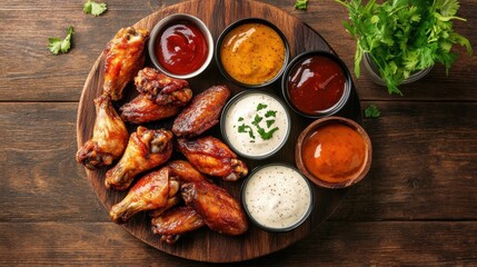 Delicious and Mouth-Watering Assortment of Crispy Chicken Wings Served with Various Dipping Sauces and Fresh Herbs on Rustic Wooden Table