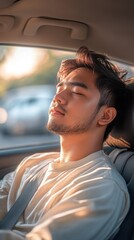 Man enjoying a serene nap during a tranquil car journey at golden hour