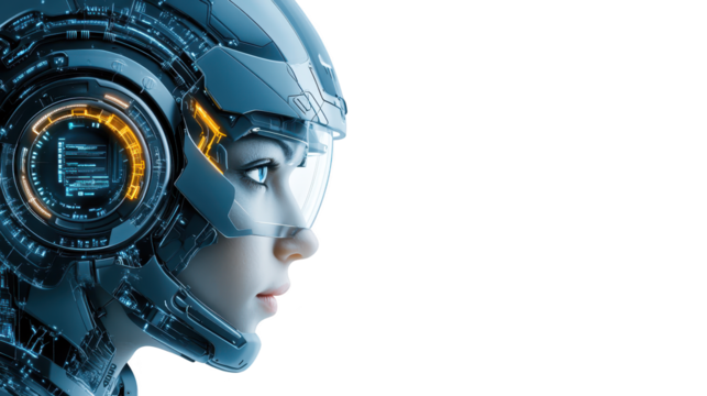 Futuristic woman with hightech helmet and headphones immersed in virtual soundscape