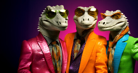 Creative animal concept. Group gang of crocodile alligator in sparkly rock punk neon bright colour outfit, copy text space. commercial, editorial advertisement party invitation invite	
