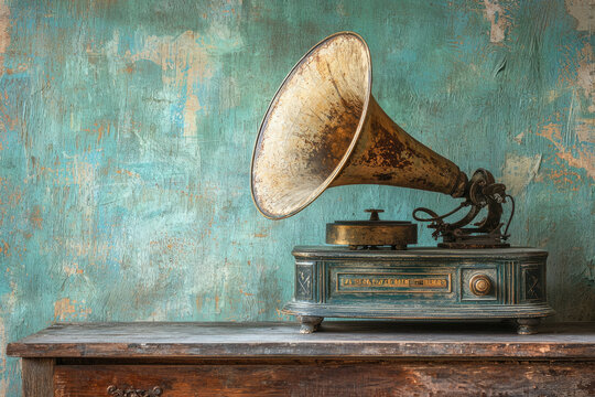 Antique gramophone with a large horn rests on a rustic wooden table against a textured teal wall.