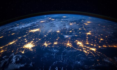 Obraz premium Earth at night, glowing cities, cosmos background, global view