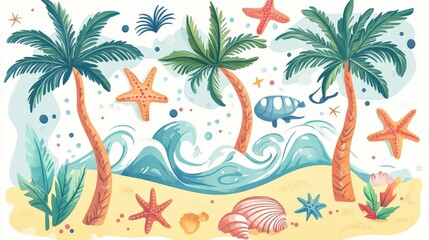 summer elements featuring palm trees, seashells, starfish, and ocean waves in a bright and vibrant setting
