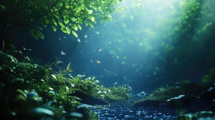 Obraz premium Tranquil Forest Stream with Butterflies and Sunlight Filtering Through Green Canopy