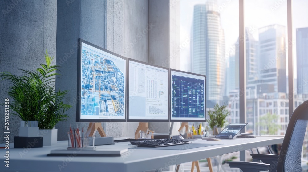 Fototapete modern office with three monitors displaying data analytics, overlooking a cityscape.