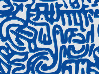 Seamless pattern, an abstract fluid maze-like blue and gray pattern with organic curves and flowing lines. 