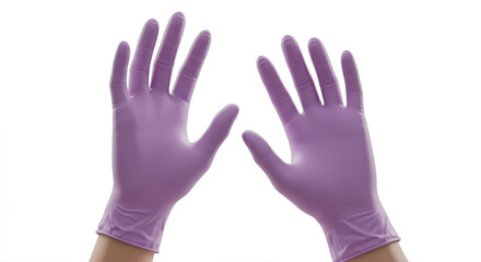 Obraz premium Hands protected with purple medical gloves against a clean white backdrop