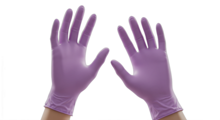 Hands protected with purple medical gloves against a clean white backdrop