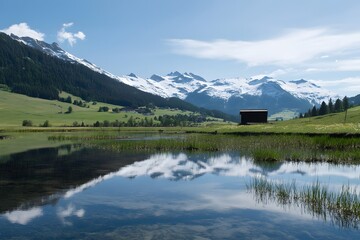 Fototapeta premium Mountain lake reflecting snowy peaks in a peaceful alpine scene