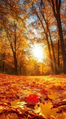 Golden Hour in Autumnal Woods: The sun streams through a vibrant forest canopy, illuminating a forest floor blanketed in fallen leaves, capturing the essence of autumn.