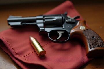 A revolver with a single bullet resting on a silk handkerchief.  