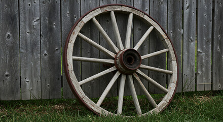 Weathered wagon wheel leaning on a rustic wooden fence rural charm backdrop