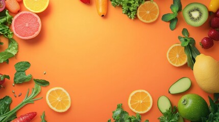 Colorful Fruits and Vegetables Bordering an Orange Background for Healthy Eating