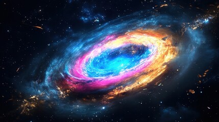 Obraz premium A colorful ring galaxy glowing against the dark backdrop of space, formed by an ancient cosmic impact.