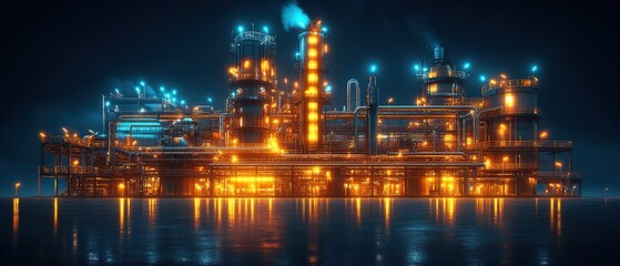 Night view of illuminated industrial refinery complex, reflecting in dark water; modern petrochemical plant.
