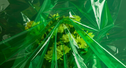 Naklejka premium Artistic Floral Arrangement Enveloped in Transparent Green Cellophane Wrap