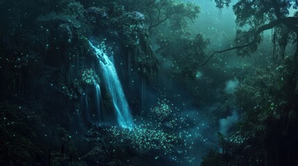 Mystical waterfall cascading in a luminous, enchanted forest