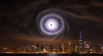 Cybernetic Vortex Over Metropolis: A Data-Absorbing Hurricane's Digital Dawn
