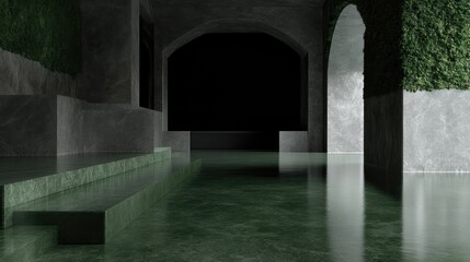 Fototapeta premium A dark, immersive interior space featuring verdant accents, architectural elements, and a sense of depth