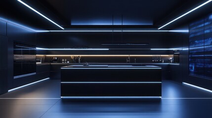 Obraz premium Futuristic dark kitchen interior with blue lights. Possible use Stock photo for architecture, design, or technology