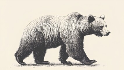 Walking Grizzly Bear Drawing, Wildlife Etching Art for Posters and Print Design

