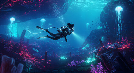 Futuristic Underwater Expedition: Diver Exploring Bioluminescent Coral Reef and Jellyfish