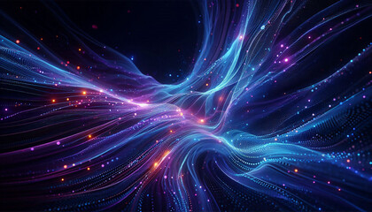 Abstract flowing lines with glowing particles in shades of blue purple and orange on dark background