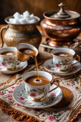 Fototapeta premium Pouring Delicious Creamy Coffee Into Floral Cup with Antique Sugar Bowl
