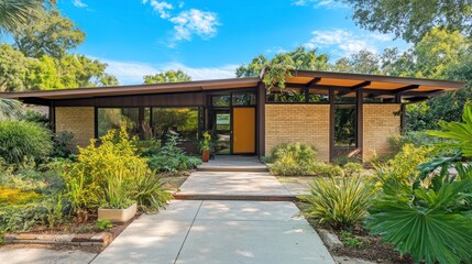 Modern ranch house with low-pitched roof, large windows, light beige stone exterior, and lush landscaping.