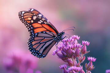 Obraz premium A Monarch butterfly with vibrant orange and black wings delicately feeding on a cluster of soft purple flowers.
