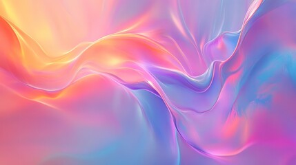 Obraz premium Luminous Fluid Abstract Design with Radiant Colors in a Smooth, Flowing Form on a Soft Gradient Canvas. Vivid Holographic Waves in Pastel Pink and Iridescent Hues.