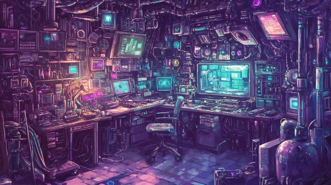A cyberpunk-style room filled with glowing screens and complex machinery.