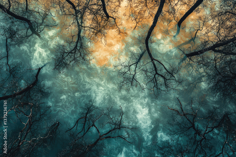 Poster Abstract reflection of leafless trees in swirling, teal and orange water.