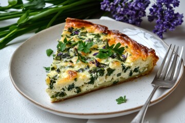Delicate asparagus quiche slice served on a white plate with herb garnish and elegant table setting