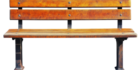 Rustic wooden park bench with classic iron legs against a white background, ideal for urban scenes, landscapes, and outdoor leisure settings photography