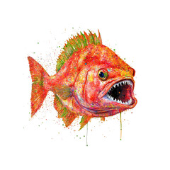Vibrant Watercolor Painting of a Red Fish with Open Mouth