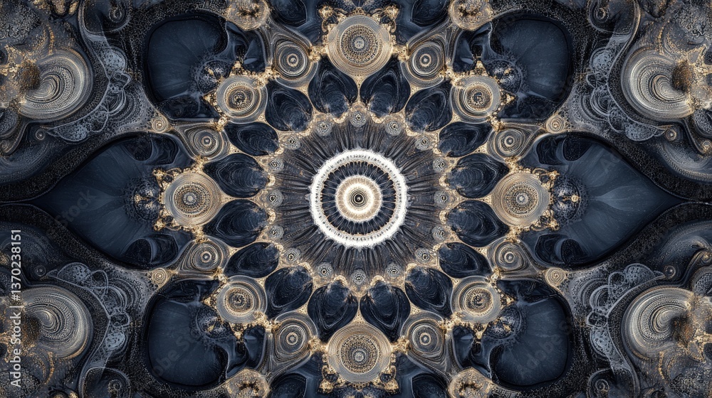 Poster a complex fractal-inspired geometric pattern with intricate symmetrical arrangements of shapes.
