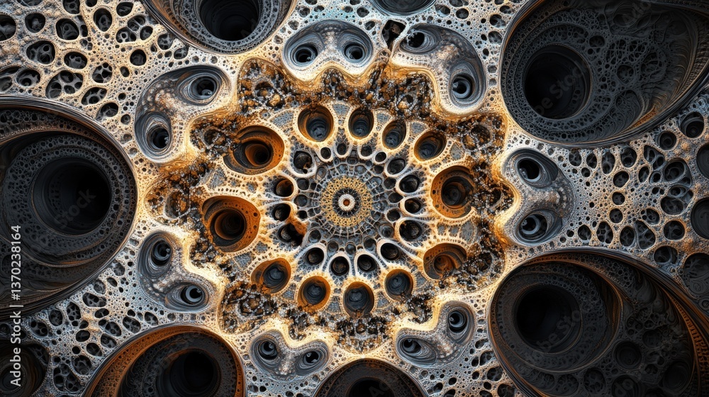 Poster a complex fractal-inspired geometric pattern with intricate symmetrical arrangements of shapes.