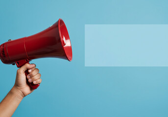 Woman holding megaphone speaker on blue background, closeup. Space for text