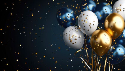 Festive Bunch Of Balloons With Confetti On Dark Background